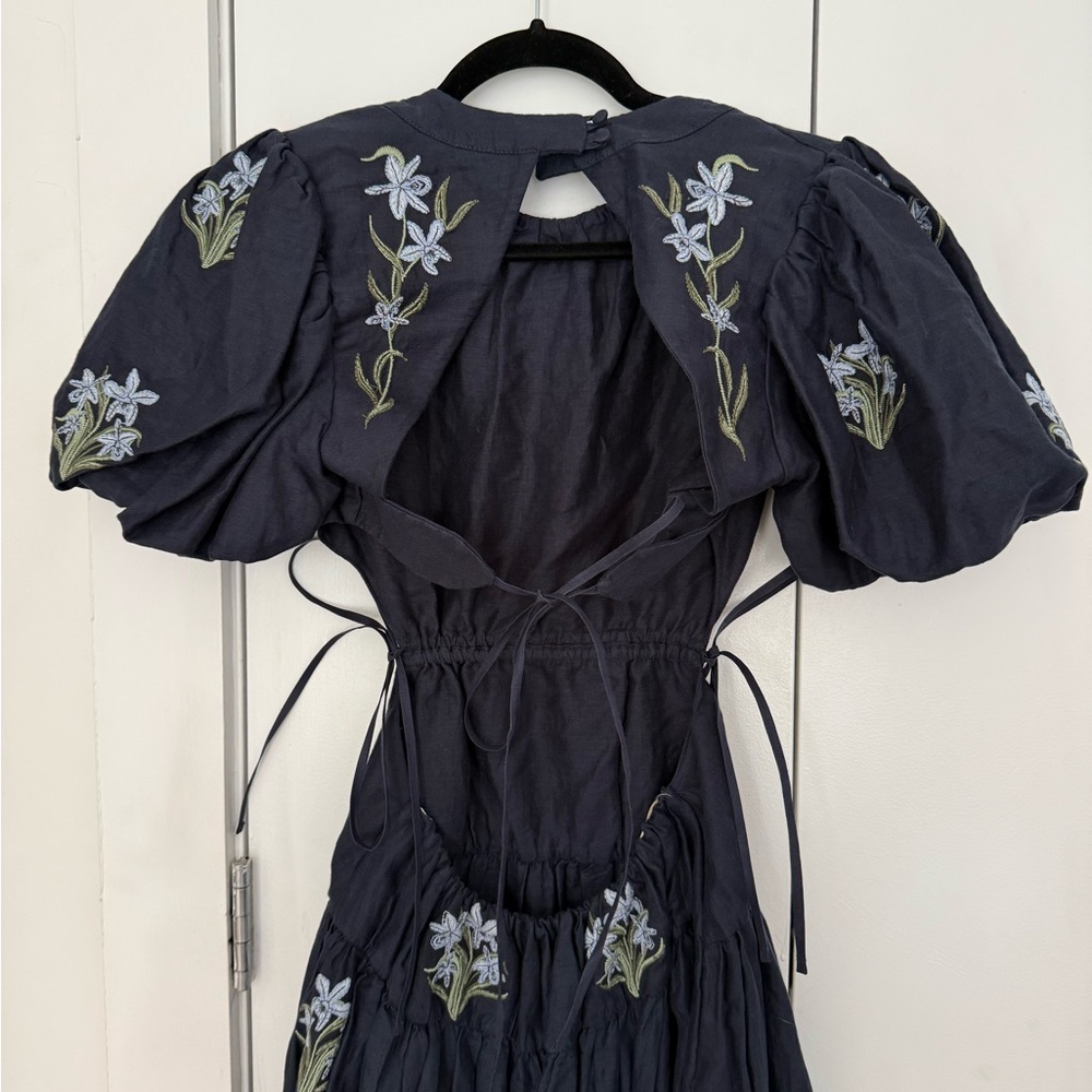 AGUA BY AGUA BENDITA Embroidered Samba Maxi Linen Dress in Navy - Picture 5 of 7